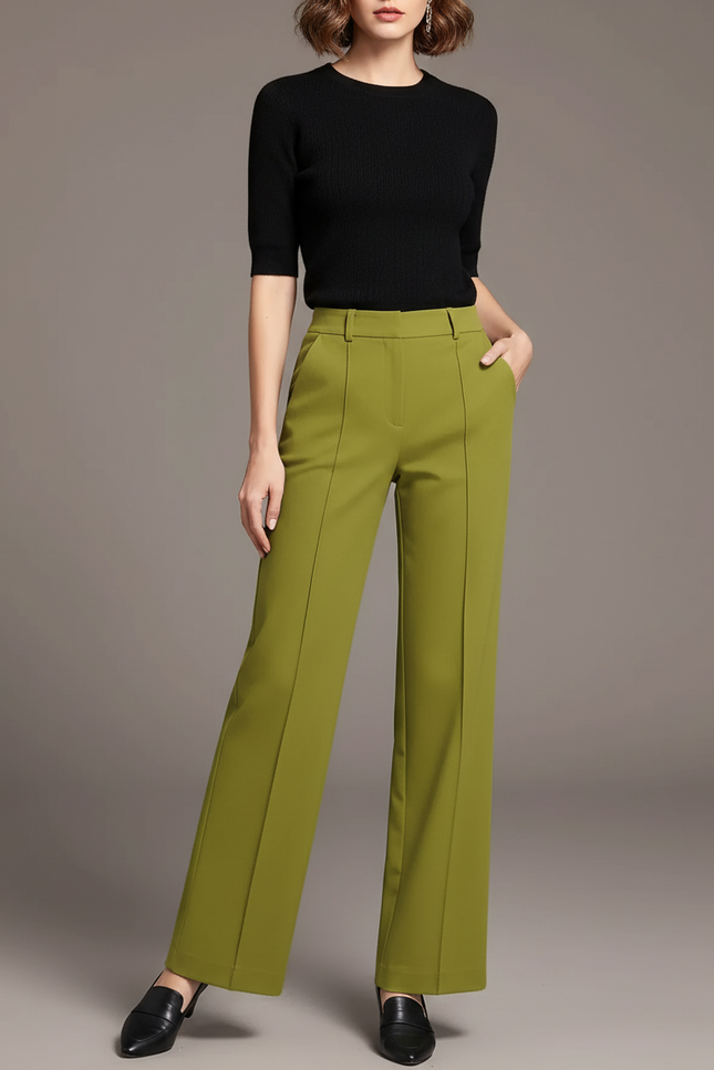 Pantalon Chino Vert Olive Fluide Taille Haute Décontracté - Polyester