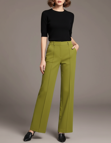 Pantalon Chino Vert Olive Fluide Taille Haute Décontracté - Polyester