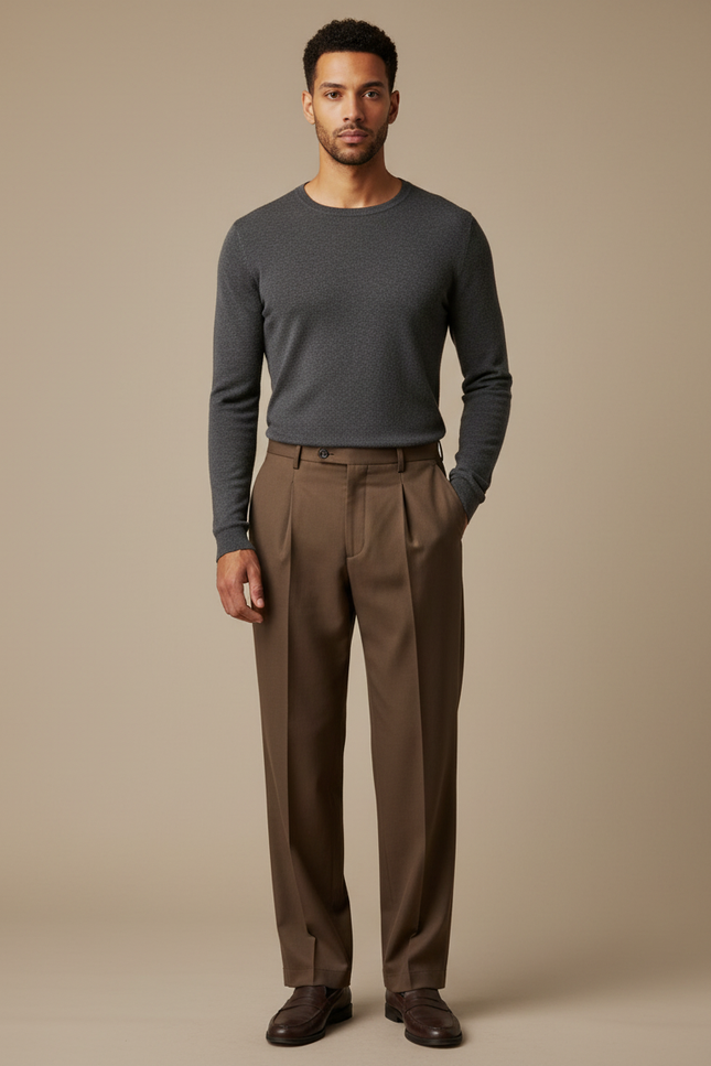 Pantalon Chino Marron Plissé Droite Homme Élégant - Gabardine