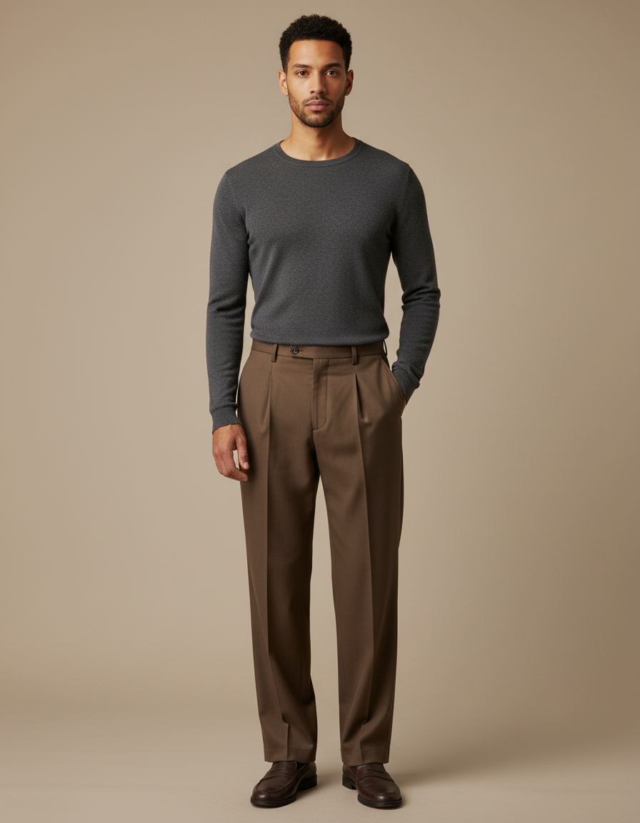 Pantalon Chino Marron Plissé Droite Homme Élégant - Gabardine