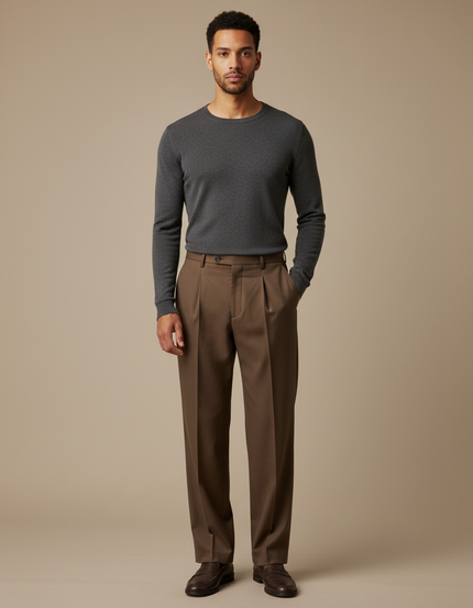 Pantalon Chino Marron Plissé Droite Homme Élégant - Gabardine