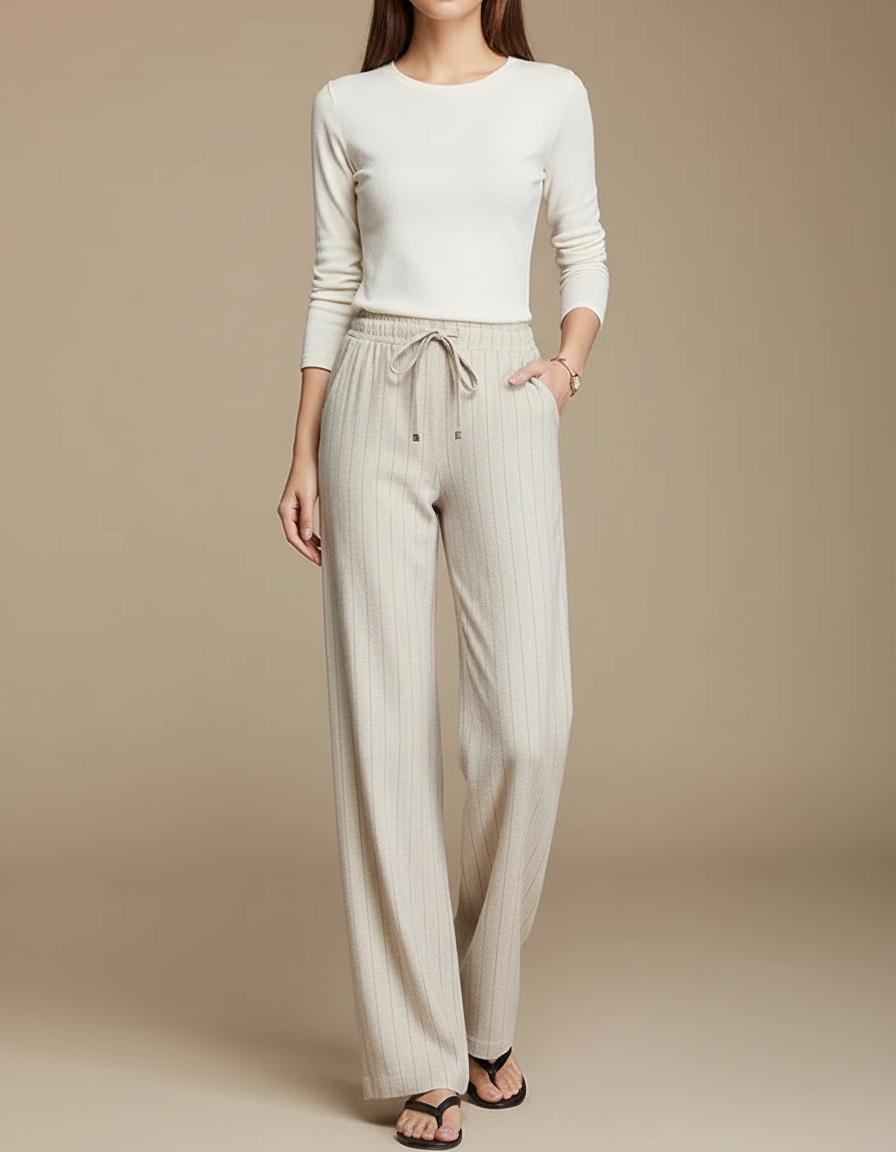Pantalon Chino Beige Rayé Fluide Ample Décontracté - Maille