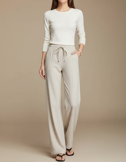 Pantalon Chino Beige Rayé Fluide Ample Décontracté - Maille
