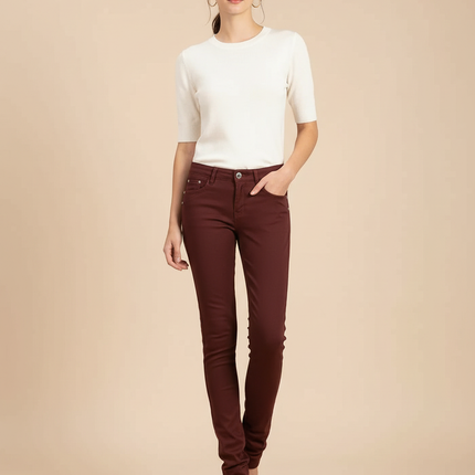 Pantalon Chino Marron Skinny Stretch Confortable Femme - Bordeaux Gabardine