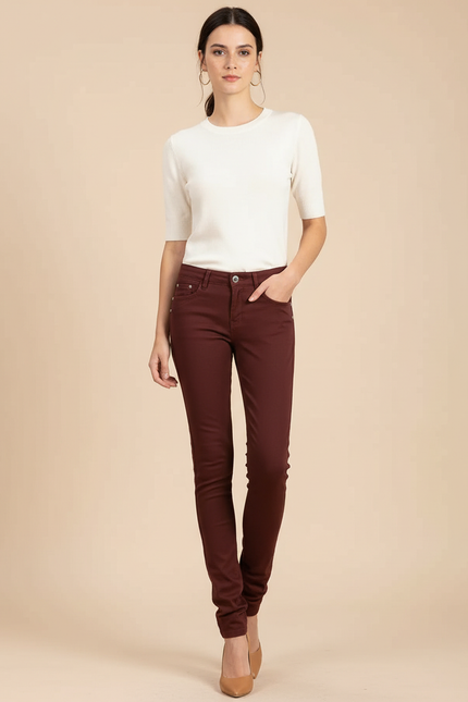 Pantalon Chino Marron Skinny Stretch Confortable Femme - Bordeaux Gabardine