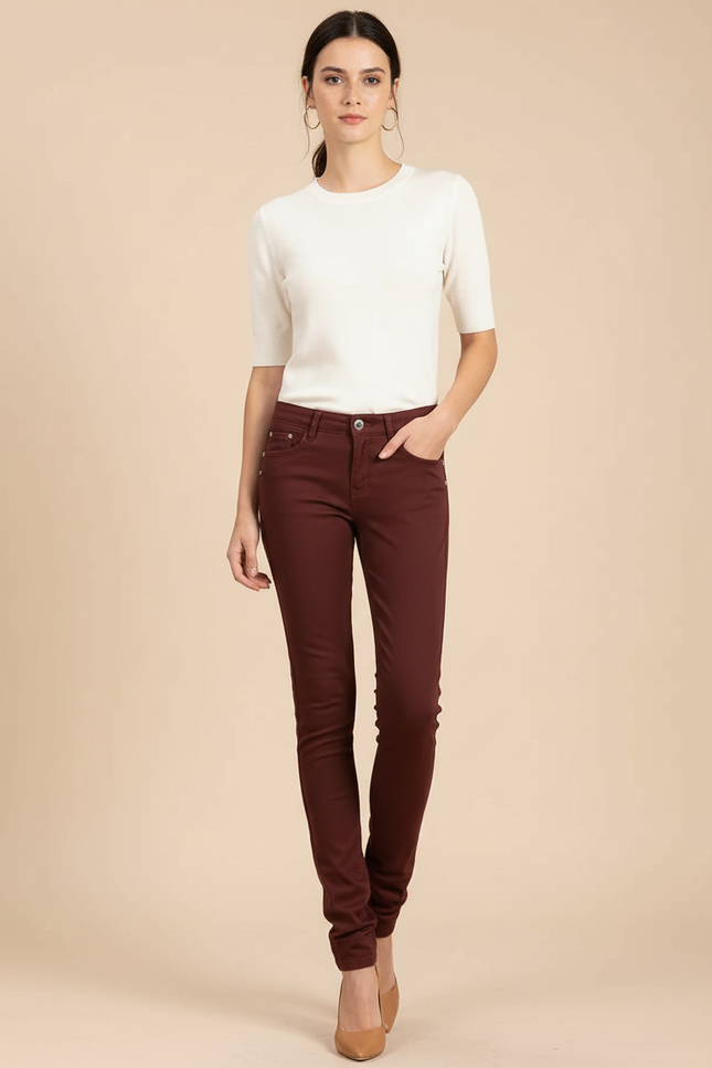 Pantalon Chino Marron Skinny Stretch Confortable Femme - Bordeaux Gabardine