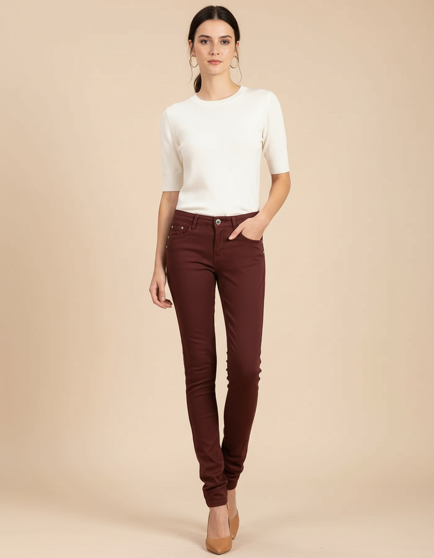 Pantalon Chino Marron Skinny Stretch Confortable Femme - Bordeaux Gabardine