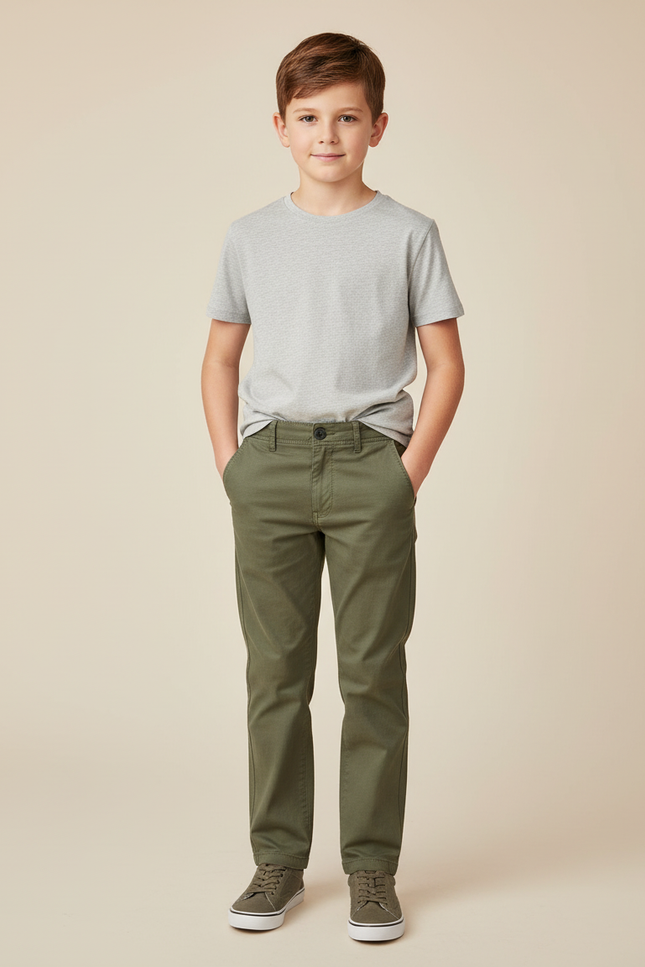 Pantalon Chino Vert Kaki Enfant Coton Décontracté