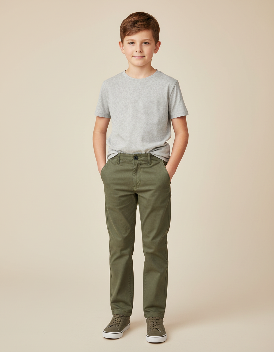 Pantalon Chino Vert Kaki Enfant Coton Décontracté