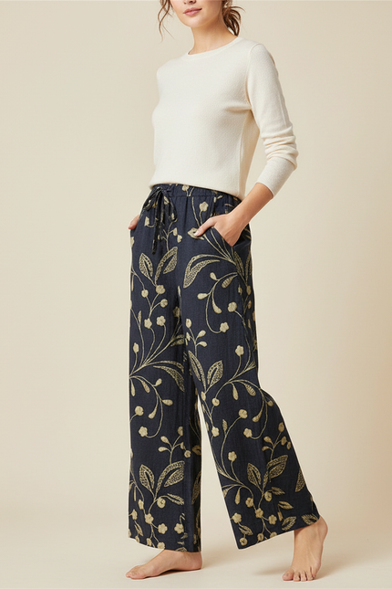 Pantalon Chino Large Imprimé Floral Bleu Marine Élégant Femme - Lin