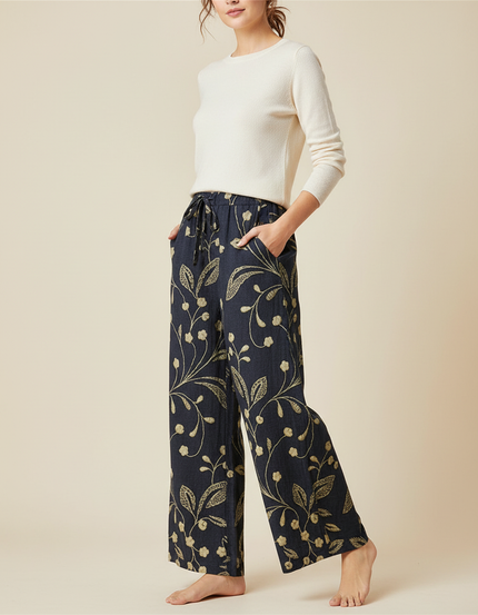 Pantalon Chino Large Imprimé Floral Bleu Marine Élégant Femme - Lin