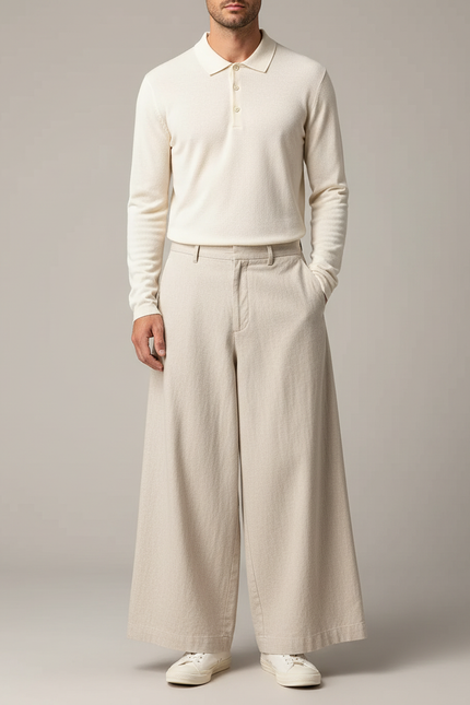 Pantalon Chino Large Lin Coton Beige Ample Décontracté
