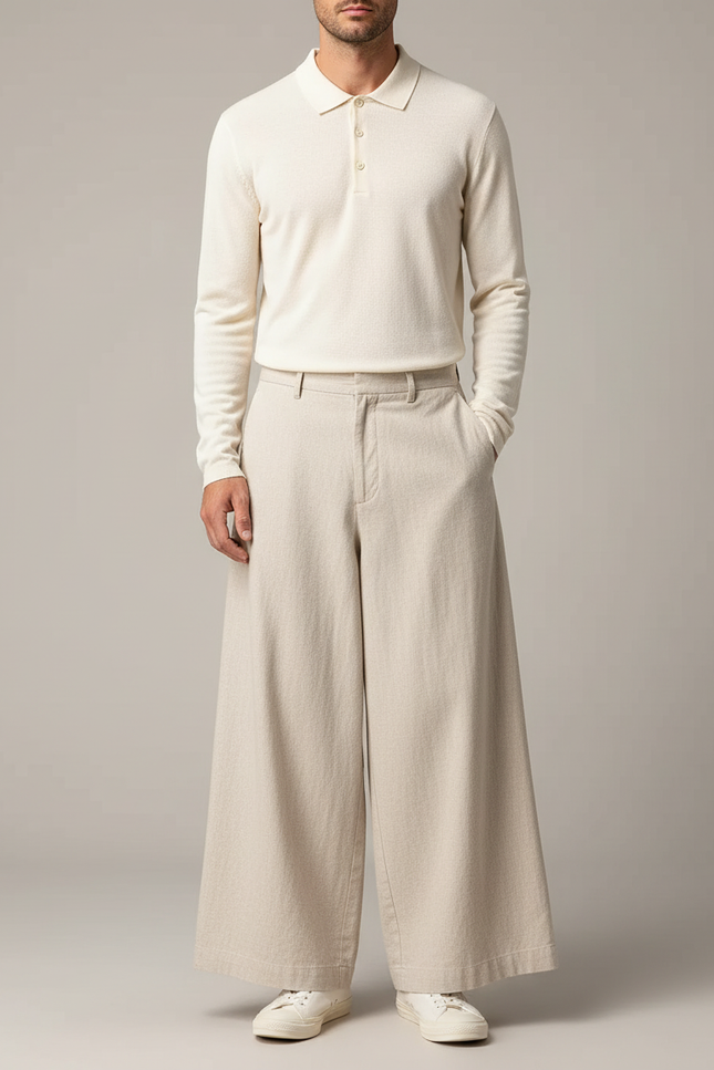 Pantalon Chino Large Lin Coton Beige Ample Décontracté