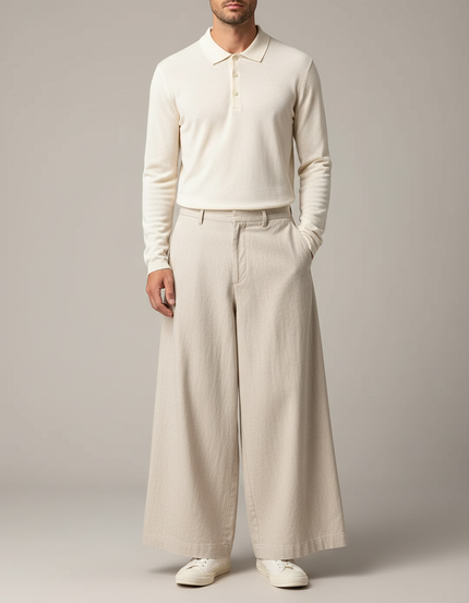 Pantalon Chino Large Lin Coton Beige Ample Décontracté