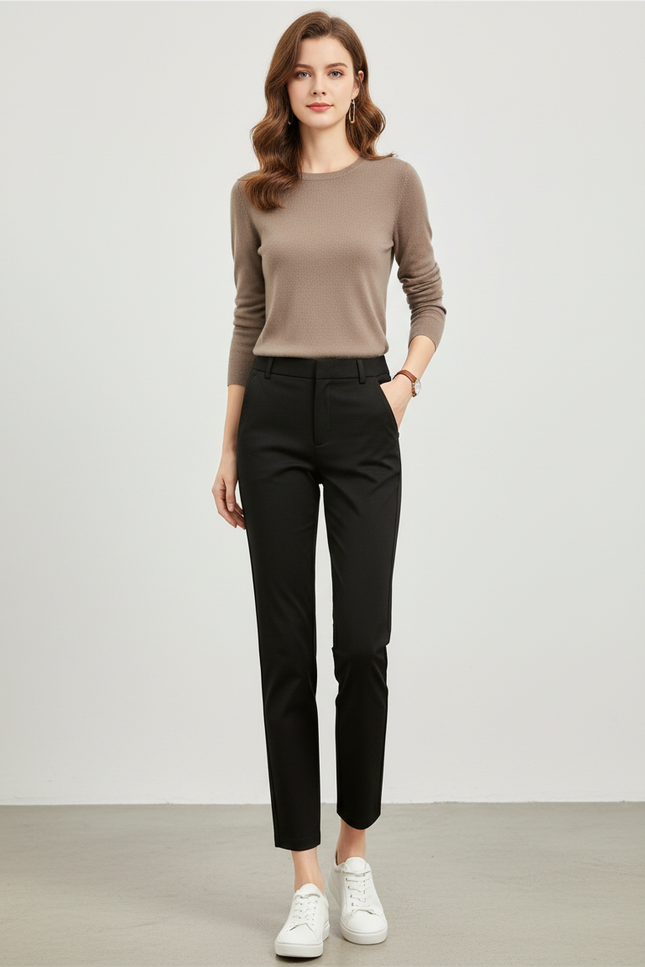 Pantalon Chino Noir Slim Femme Élégant Décontracté - Polyester