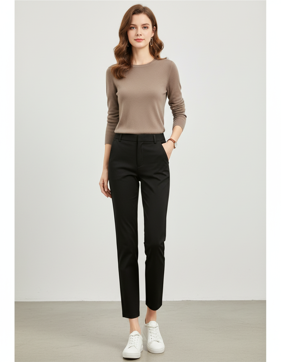 Pantalon Chino Noir Slim Femme Élégant Décontracté - Polyester