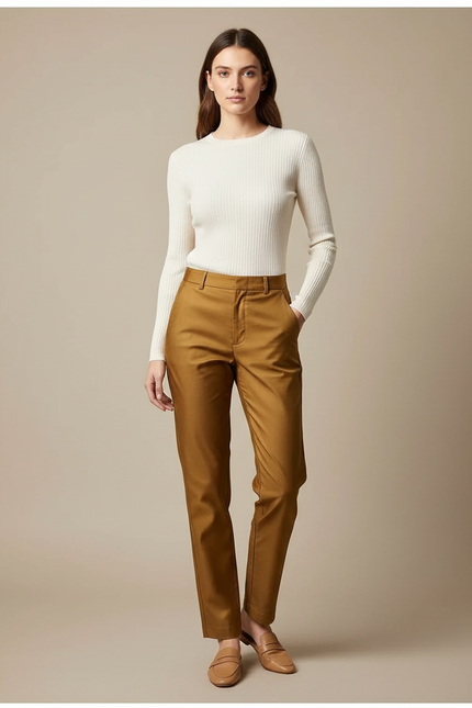 Pantalon Chino Marron Droit Taille Haute Élégant Femme - Camel Gabardine