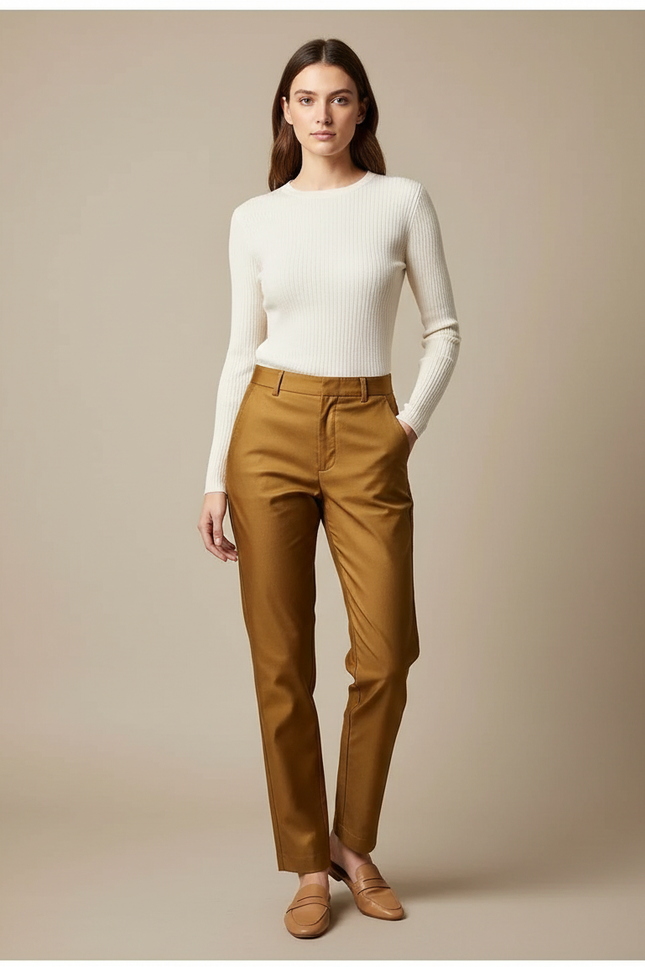 Pantalon Chino Marron Droit Taille Haute Élégant Femme - Camel Gabardine