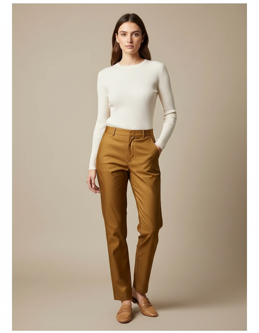 Pantalon Chino Marron Droit Taille Haute Élégant Femme - Camel Gabardine