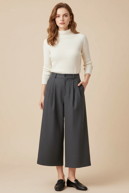 Pantalon Chino Gris Ample Laine Plissé Élégant