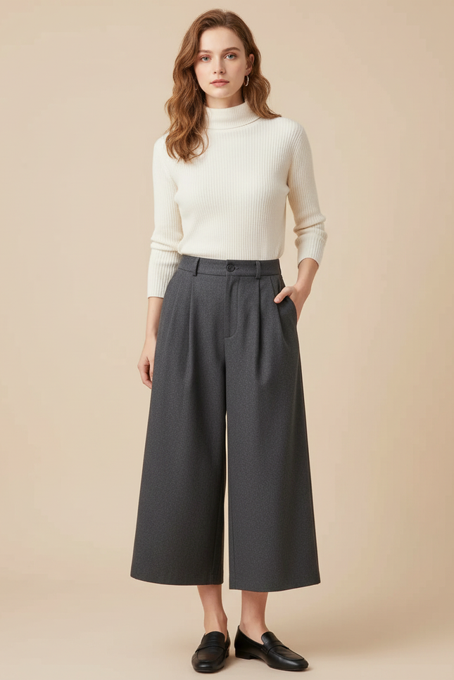 Pantalon Chino Gris Ample Laine Plissé Élégant