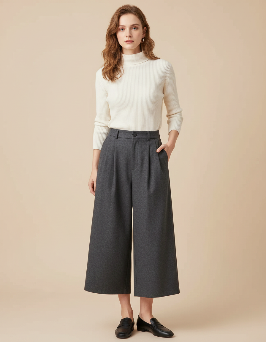 Pantalon Chino Gris Ample Laine Plissé Élégant