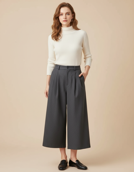 Pantalon Chino Gris Ample Laine Plissé Élégant