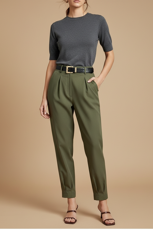 Pantalon Chino Vert Olive Plissé Tapered Décontracté Femme - Kaki Polyester