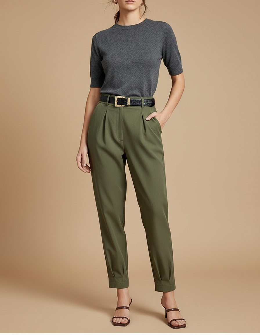 Pantalon Chino Vert Olive Plissé Tapered Décontracté Femme - Kaki Polyester