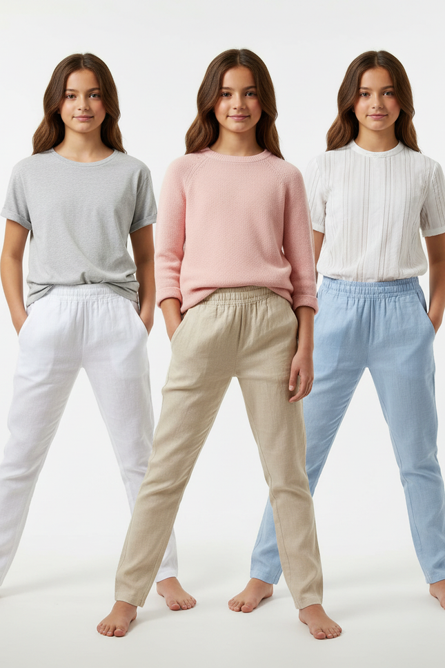 Pantalon Chino Lin Fluide Léger Décontracté Femme - Beige