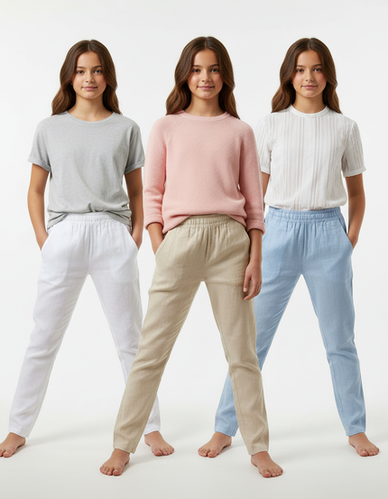 Pantalon Chino Lin Fluide Léger Décontracté Femme - Beige