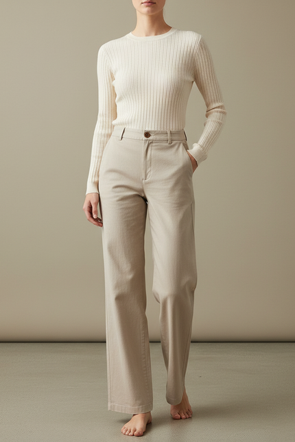 Pantalon Chino Femme Ecru - Beige Gabardine