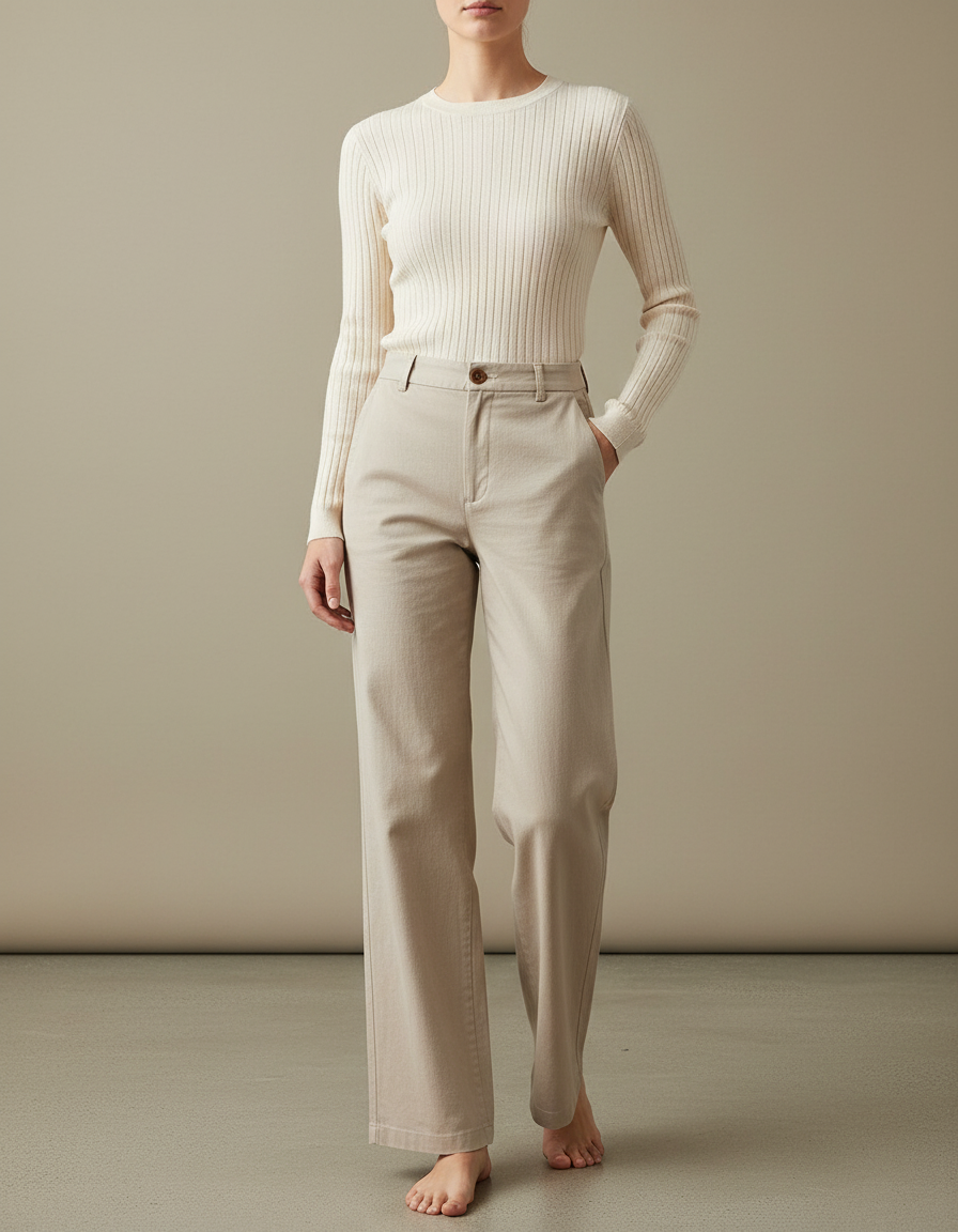 Pantalon Chino Femme Ecru - Beige Gabardine