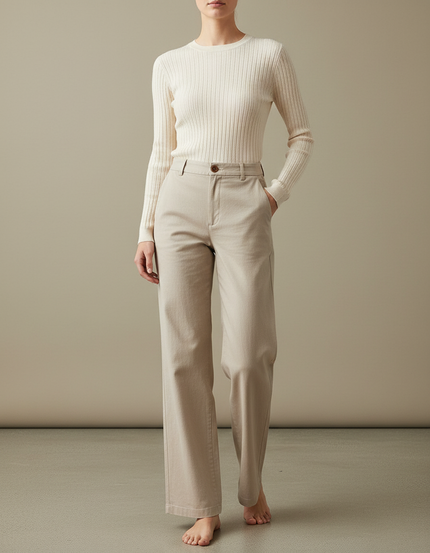 Pantalon Chino Femme Ecru - Beige Gabardine
