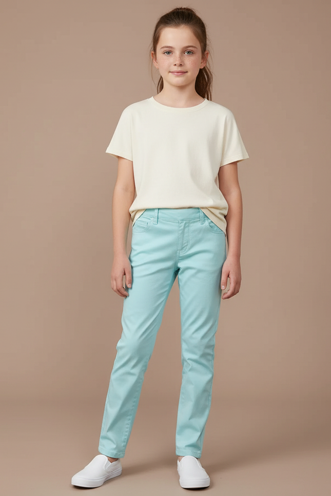 Pantalon Chino Bleu Ciel Coton Slim Fille Uni