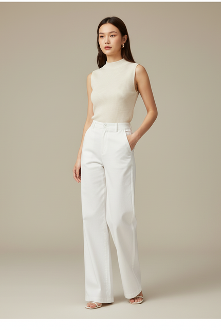 Pantalon Chino Blanc Ample Taille Haute Femme Élégant - Gabardine