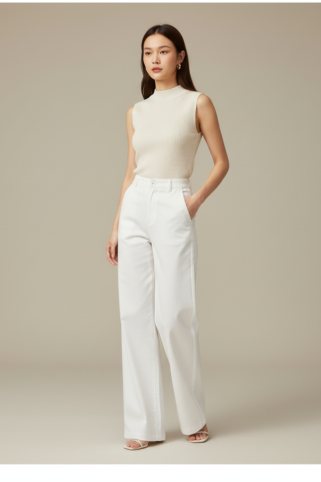 Pantalon Chino Blanc Ample Taille Haute Femme Élégant - Gabardine