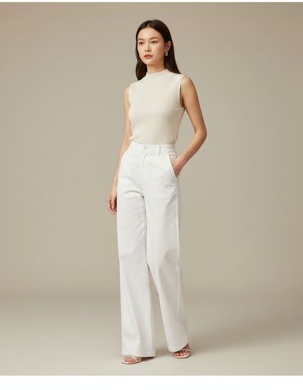 Pantalon Chino Blanc Ample Taille Haute Femme Élégant - Gabardine