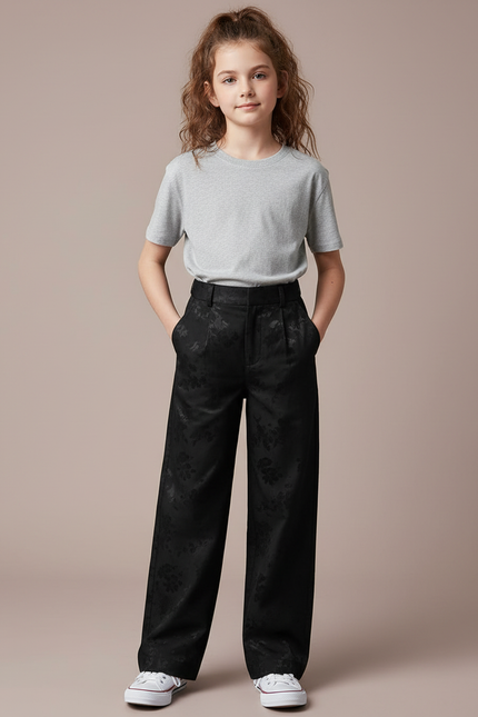 Pantalon Chino Noir Brodé Ample Élégant Enfant - Satin