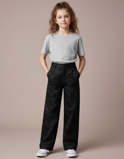 Pantalon Chino Noir Brodé Ample Élégant Enfant - Satin