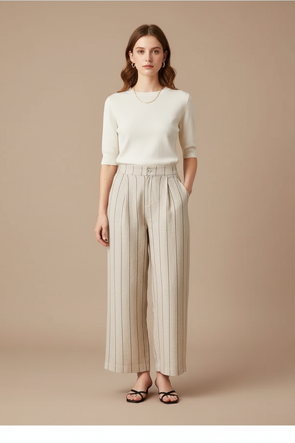 Pantalon Chino Rayé Lin Ample Décontracté Femme - Beige