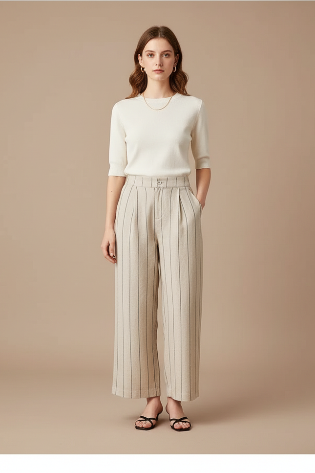 Pantalon Chino Rayé Lin Ample Décontracté Femme - Beige