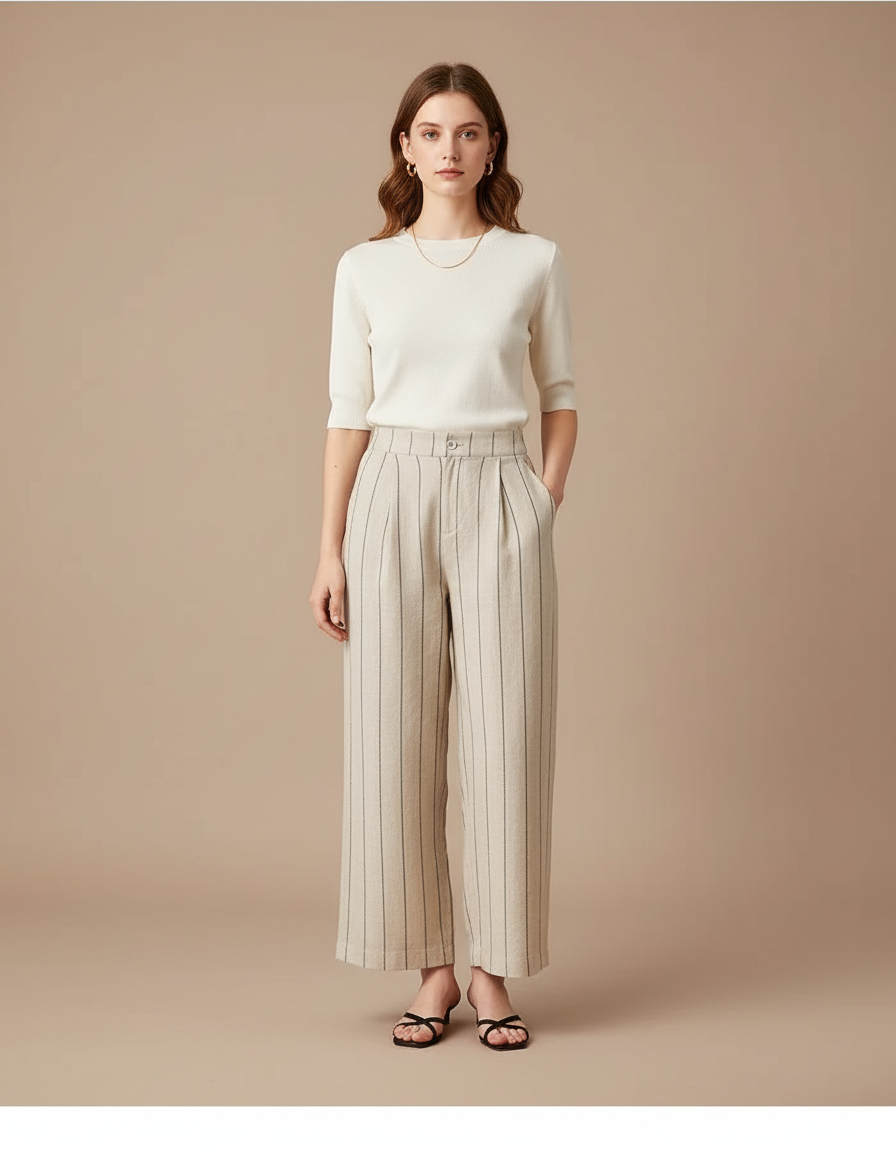 Pantalon Chino Rayé Lin Ample Décontracté Femme - Beige