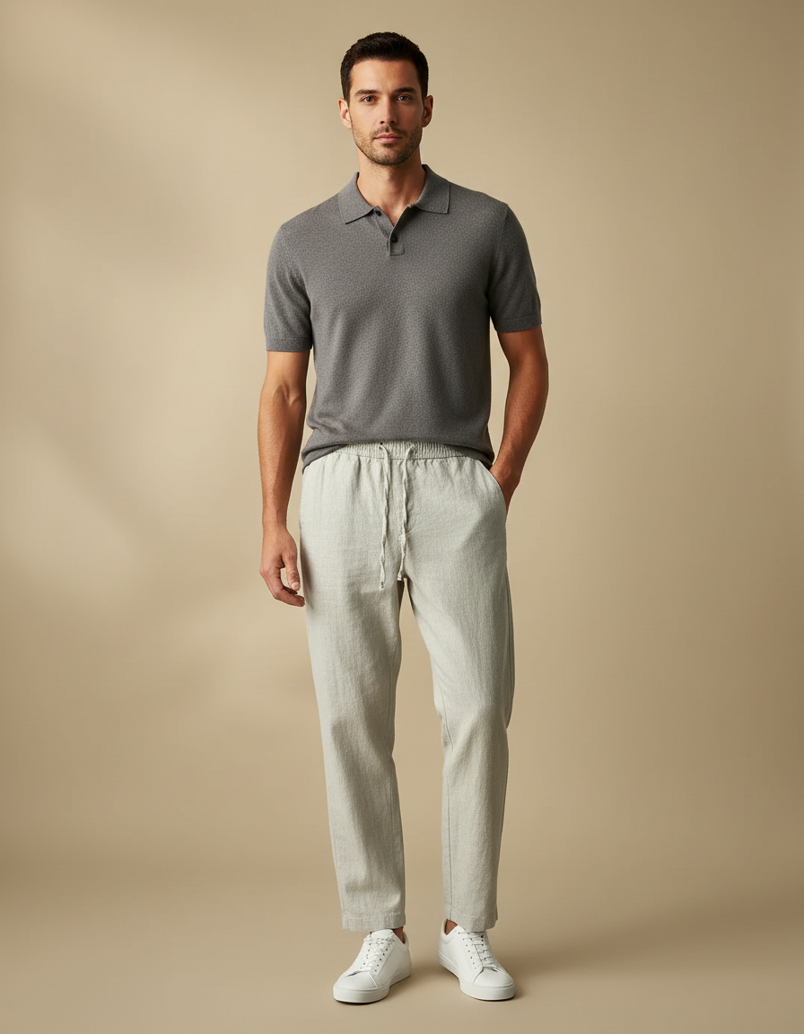 Pantalon Chino Lin Coton Droit Décontracté Homme Clair - Gris