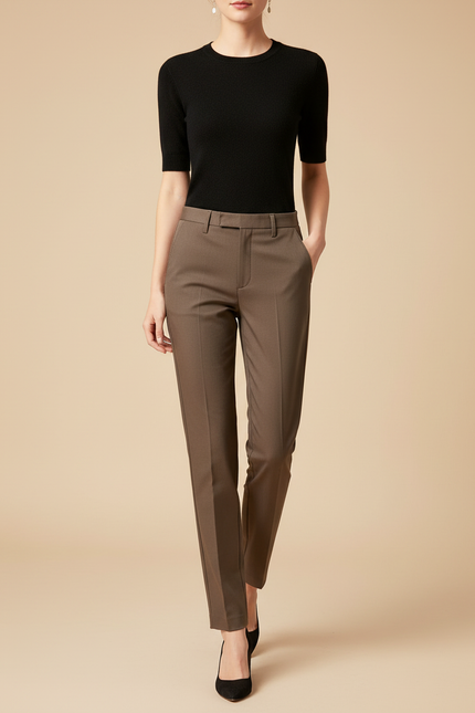 Pantalon Chino Marron Taille Haute Élégant Slim Femme - Gabardine