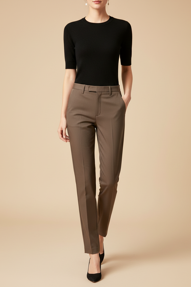 Pantalon Chino Marron Taille Haute Élégant Slim Femme - Gabardine
