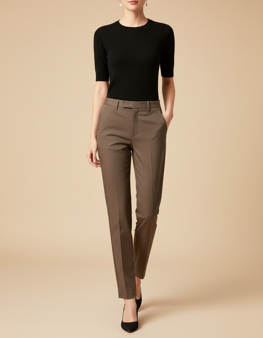 Pantalon Chino Marron Taille Haute Élégant Slim Femme - Gabardine