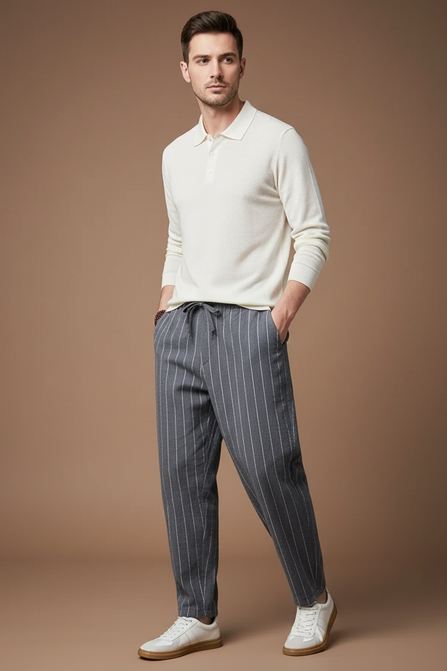 Pantalon Chino Gris Rayé Ample Lin Coton