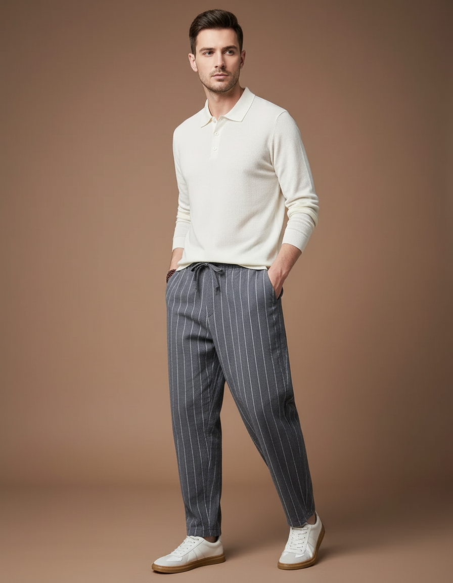 Pantalon Chino Gris Rayé Ample Lin Coton