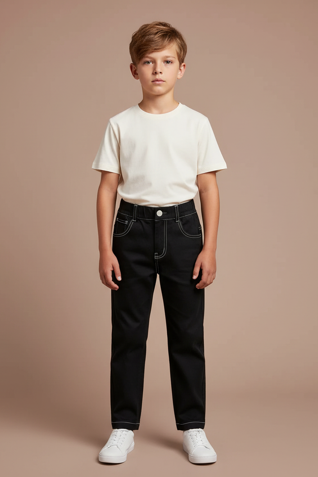 Pantalon Chino Noir Coton Coutures Contrastées Garçon